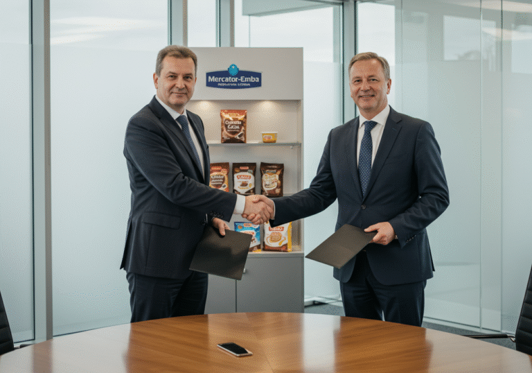 A professional, editorial mid-shot captures two male business executives in sharp dark suits, standing and shaking hands across a polished, modern conference table in a brightly lit, contemporary office. The executive on the left, appearing Croatian, holds a firm, resolute expression, while the executive on the right, appearing Austrian, offers a subtle, satisfied smile. In the softly blurred background, a discreet display shelf showcases various food product packaging, including recognizable instant cocoa and dessert topping designs, subtly representing Mercator-Emba's production in Logatec, Slovenia. Natural daylight streams in from large windows, casting a soft, even light on the scene, conveying an atmosphere of significant corporate agreement.