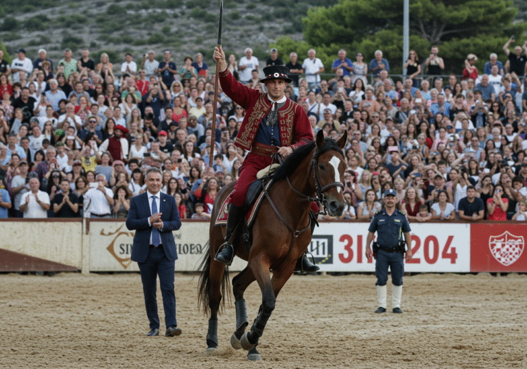 Frano Talaja, wearing a detailed traditional Croatian Alkar uniform, triumphantly raises his spear from horseback at the Alkar racecourse in Sinj, Croatia, just after securing victory at the 310th Sinjska Alka. The late afternoon sun illuminates the scene, casting golden light on the emotional Alkar and his horse. Thousands of jubilant spectators, including high-ranking Croatian officials, fill the stands in the background, applauding and cheering with immense pride. The atmosphere is charged with excitement and celebration for the ancient knightly game.