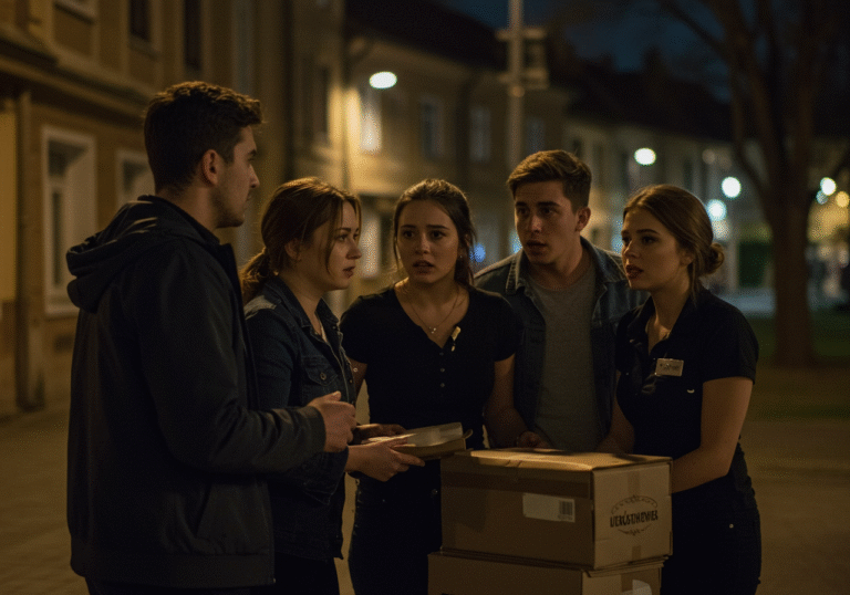 A tense, dramatic scene unfolding late at night on a quiet, dimly lit street in Osijek, Croatia. Four young adults, including a young woman who appears to be a waitress, huddle together, their faces etched with urgency, fear, and determination. They exchange worried glances, seemingly caught in a dire predicament, as if under the pressure of a recent failed delivery and a demanding ultimatum. The air is thick with tension, with only the glow of distant streetlights illuminating their worried expressions and the surrounding urban environment.