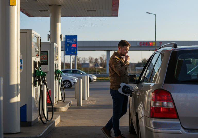 A Croatian driver stands beside their modern car at a fuel pump at a busy highway service station in Croatia on a clear, sunny afternoon. The driver is observed glancing at the digital price display on the fuel pump, with a thoughtful or slightly pensive expression. Several other fuel pumps are visible in the foreground, with different hoses for various fuel types. A distinct Croatian license plate is visible on the vehicle. In the background, other cars are moving or parked, and typical Croatian highway rest area architecture or landscape is subtly present. The scene captures the everyday reality of filling up a car in Croatia.