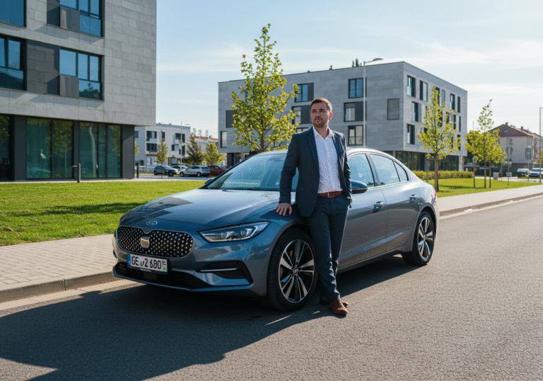 A Croatian business professional in modern business attire stands next to a new electric company sedan parked on a sunlit street in a clean, contemporary Croatian urban area. Modern commercial buildings and green landscaping are visible in the background under a clear blue sky. The scene is bright, reflecting a professional atmosphere around the adoption of eco-friendly transport for Croatian businesses.