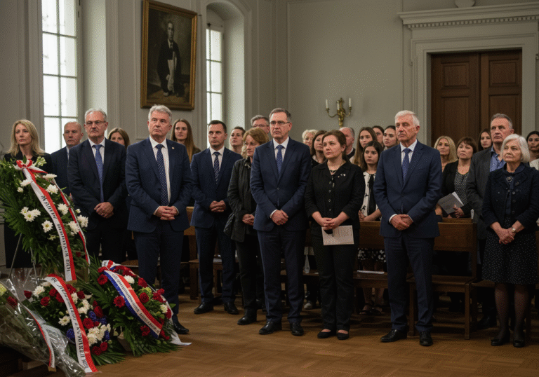 An editorial photograph of a solemn commemoration ceremony in Zagreb, Croatia, in early September. A diverse group of people, including Croatian musicians and members of the public, are gathered indoors in a dignified hall, paying tribute to the late Gabi Novak. Their expressions are respectful and reflective, some with a hint of sadness. The setting features subtle, elegant floral tributes. Natural, soft daylight filters through windows, casting a gentle, somber light on the scene.