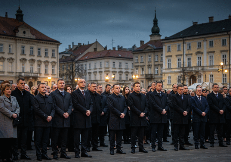 A somber gathering of Croatian public figures and musicians, alongside members of the public, standing respectfully in a dignified public square in Zagreb under an overcast sky. Attendees are dressed in dark, formal attire, with expressions of quiet grief and deep reflection on their faces. The architectural background features classic European buildings typical of Zagreb, subtly conveying a sense of national mourning for a beloved cultural icon. The light is diffused and soft, casting a melancholic glow over the scene.