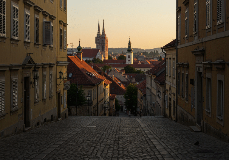 A quiet, solemn late afternoon scene in Zagreb, Croatia, on August 11, 2025. Golden hour light bathes the historic architecture of the Upper Town, casting long shadows on a deserted cobblestone street. The atmosphere is reflective, conveying a profound sense of loss and the end of an era for the Croatian music scene. Traditional red-tiled roofs and distant glimpses of iconic Zagreb landmarks are visible under a clear, warm sky, emphasizing the city's quiet mourning for one of its legendary cultural icons.