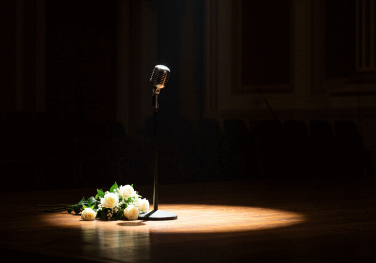 A single, vintage stage microphone stands illuminated by a soft, solitary spotlight on an empty, dark wooden stage. In front of the microphone, a small, elegant bouquet of white roses and lilies lies on the stage floor. The setting is a classic, grand concert hall in Zagreb, Croatia, on a quiet, melancholic afternoon. The atmosphere is solemn and respectful, marking the recent passing of Gabrijela 'Gabi' Novak, the legendary Croatian pop and jazz singer, conveying a profound sense of loss for her musical legacy.