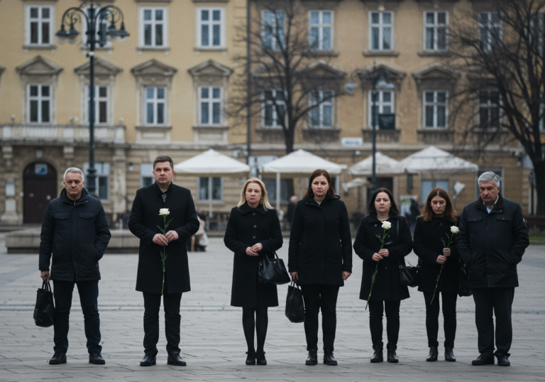 A quiet, solemn scene in a public square in Zagreb, Croatia, on a Monday morning. Soft, diffused light illuminates a few individuals dressed in dark, respectful attire, some with downcast gazes or holding a single white flower. The backdrop features characteristic Central European architecture of Zagreb, hinting at the city's quiet grief. The atmosphere is one of profound sadness and national remembrance for a cultural icon.