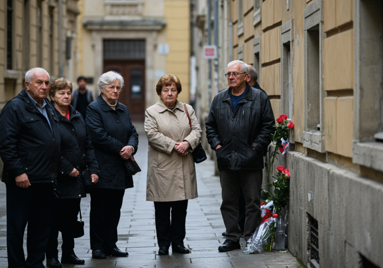 A quiet, respectful gathering of a few older Croatian citizens on a somber Zagreb street on a cloudy afternoon. They stand thoughtfully, some with downcast eyes, near a wall where a small, simple bouquet of flowers has been placed. The typical Central European architecture of Zagreb provides a muted backdrop, reflecting the collective mood of mourning for a beloved cultural figure.