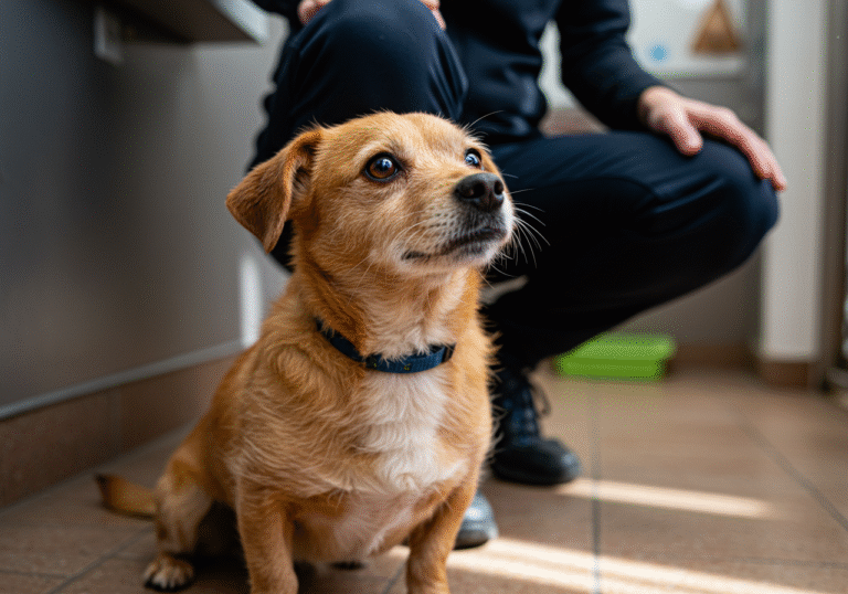 Five-year-old small dog Garo, with a soft, slightly scruffy coat, looking up with a gentle, hopeful expression as he sits patiently at the feet of a shelter staff member inside the Sklonište za životinje Velika Gorica animal shelter in Velika Gorica, Croatia. Diffused natural daylight illuminates the scene, casting soft shadows. The background shows a clean, functional area of the shelter, suggesting a quiet moment of comfort and anticipation.