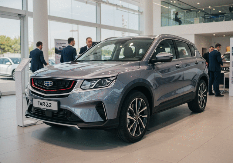 A sleek, new Geely Starray 2.0 SUV, with a modern metallic finish, stands prominently under bright natural light within a contemporary automotive showroom in Croatia. The powerful 2.0-liter, 238 HP vehicle is positioned to highlight its robust design and advanced features. The showroom floor is polished and clean, reflecting the vehicle's lines. A few professionally dressed individuals are observing the car, reflecting its recent arrival and significance in the Croatian market. Midday sun illuminates the interior.