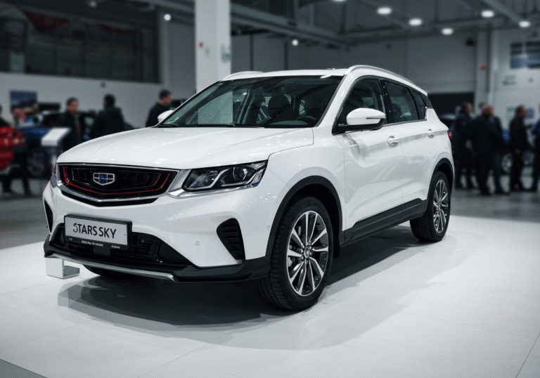A pristine, newly arrived Geely Starray 2.0 SUV prominently displayed on a clean showroom floor within a modern car dealership in Croatia. Bright, natural daylight illuminates the vehicle's contemporary design and polished exterior. The SUV, a significant new addition to the Croatian automotive market, is the central focus. In the soft background, out of sharp focus, a few individuals, possibly dealership staff or early visitors, are observing the vehicle with interest, reflecting the professional launch environment.