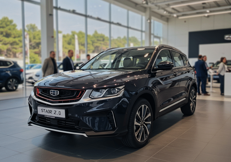 A sleek, dark-colored Geely Starray 2.0 SUV prominently displayed under bright, natural daylight inside a modern car dealership showroom in Croatia. The powerful 2.0-liter turbo engine variant of the SUV stands as the focal point, reflecting its recent market introduction. Its contemporary design and premium features are highlighted. In the background, subtly blurred, a few professional-looking individuals are observing the vehicle, conveying a significant new automotive launch on the Croatian market.