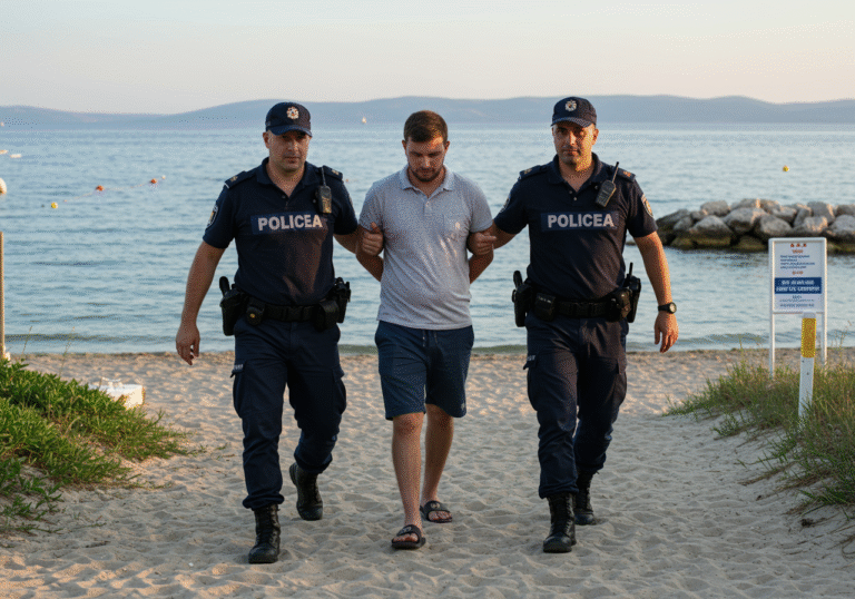 A 31-year-old German man in casual summer clothing is being escorted by two uniformed Croatian police officers from the Istrian Police Department. The scene is a sandy tourist beach in Umag, Istria, Croatia, with the clear blue Adriatic Sea in the background. It is late afternoon, around 6 PM, with warm, natural sunlight casting long shadows. The man appears somber, while the officers maintain professional and serious expressions. Nearby, a subtle hint of a tourist facility is visible.