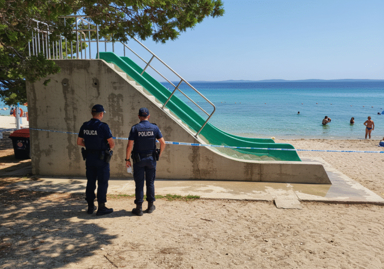 Daytime view of a water slide at a beach in Lopar on Rab island, Croatia. The base of the water slide shows a concrete surface where the incident occurred. Two uniformed Primorsko-goranska police officers are present, observing the scene with a somber expression. The area around the slide appears cordoned off, hinting at an ongoing investigation. In the background, the clear blue Adriatic Sea and a typical Croatian summer beach with sand are visible under a bright, cloudless sky.
