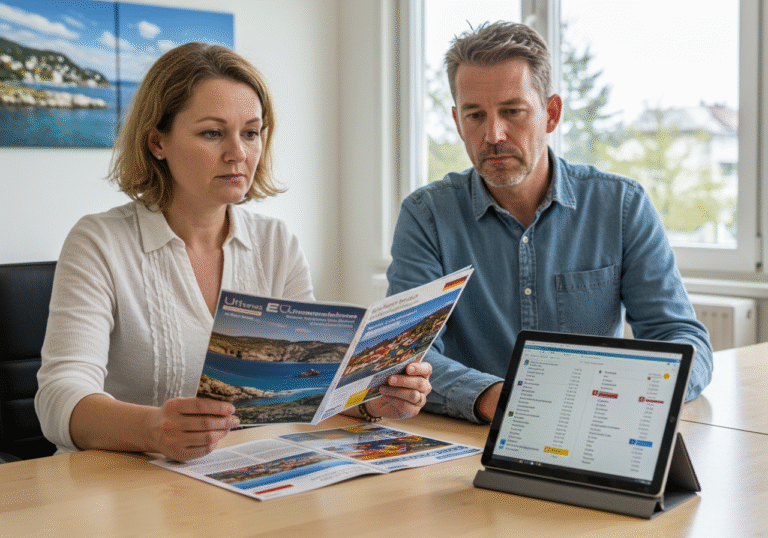A thoughtful German couple in their late 40s sits at a polished desk inside a bright, modern travel agency office in southern Germany. The woman is holding a generic, colorful travel brochure open, looking at a scenic coastal image, her expression subtly concerned. Her partner leans slightly over, looking at a digital tablet on the desk which displays a list of various international holiday destinations with pricing information. Bright natural light streams through a large window, illuminating the office. The scene conveys a sense of consideration and a decision being made about vacation choices based on value.