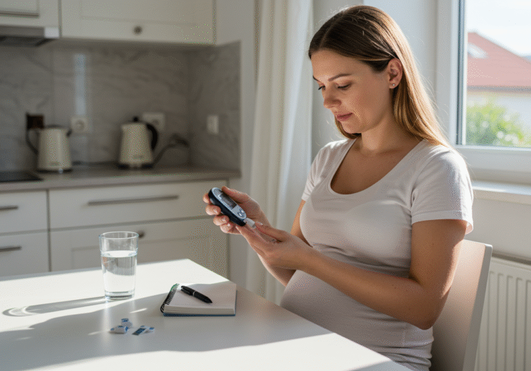 A pregnant woman, visibly in her mid-second trimester, is seated at a bright, uncluttered kitchen table in a modern home in Croatia. She is intently focused on a glucometer in her hand, carefully taking a blood sugar reading. Her expression is one of calm concentration and diligence. Soft, natural daylight streams through a nearby window, illuminating the scene. A glass of water and a small, open notebook with a pen rest on the table beside her.