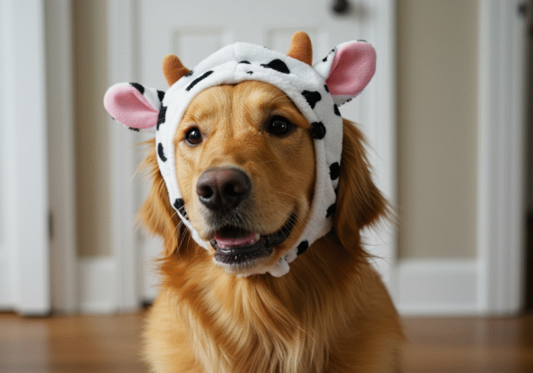 A golden retriever dog named Sunday, wearing a white and black spotted cow-themed hat with small ears, captured indoors in a candid, charming moment. The dog's mouth is slightly open, as if in the act of mimicking a sound, with an engaging expression. Soft, natural light illuminates its golden fur, and the background is gently blurred to keep the focus on the dog.