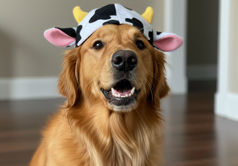 A golden retriever named Sunday, wearing a black and white cow-patterned cap, is vocalizing a deep, drawn-out sound resembling a cow's 'moo'. The dog's mouth is slightly open, and its expression is playful and intelligent. The scene is set in a well-lit indoor home environment, with natural light illuminating the dog's fur.