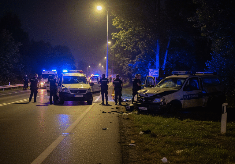 Smrtonosna nesreća u Gospiću: Jedna osoba poginula u sudaru na D25 Early morning, 5:30 AM on August 17th, on Budačka Street in Gospić, Croatia. Two heavily damaged passenger vehicles are stationary on the state road D25. Muted dawn light illuminates the scene, with the faint glow of emergency vehicle lights. Croatian police officers and investigators are present, meticulously examining the site of a fatal traffic accident. The overall atmosphere is stark and somber.