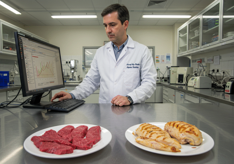 A realistic, editorial photograph of a Spanish scientist, mid-career, wearing a white lab coat, meticulously examining data on a computer screen in a modern, brightly lit research laboratory in Spain. In the foreground, on a clean stainless steel counter, two simple, unadorned plates are visible: one with slices of cooked lean beef and the other with cooked chicken breast, representing the study's dietary focus. The scientist has a focused and contemplative expression, reflecting the gravity of the research findings. The lab environment is tidy and professional, illuminated by soft, natural daylight from large windows.