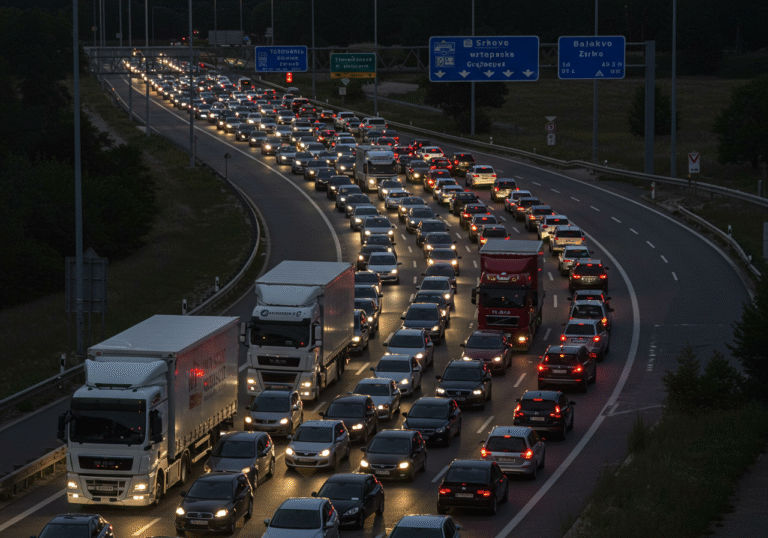A wide, high-angle shot capturing a dense, one-kilometer-long queue of passenger cars and heavy trucks stalled at the Bajakovo border crossing on the A3 motorway in Croatia. The scene is set in the predawn hours of August 9th, with vehicle headlights and red taillights illuminating the asphalt. Dim streetlights cast long shadows, revealing the scale of the congestion. Croatian road signs are visible in the background, amidst the flat, open landscape typical of the Slavonia region. The atmosphere is one of quiet, weary patience among the drivers.