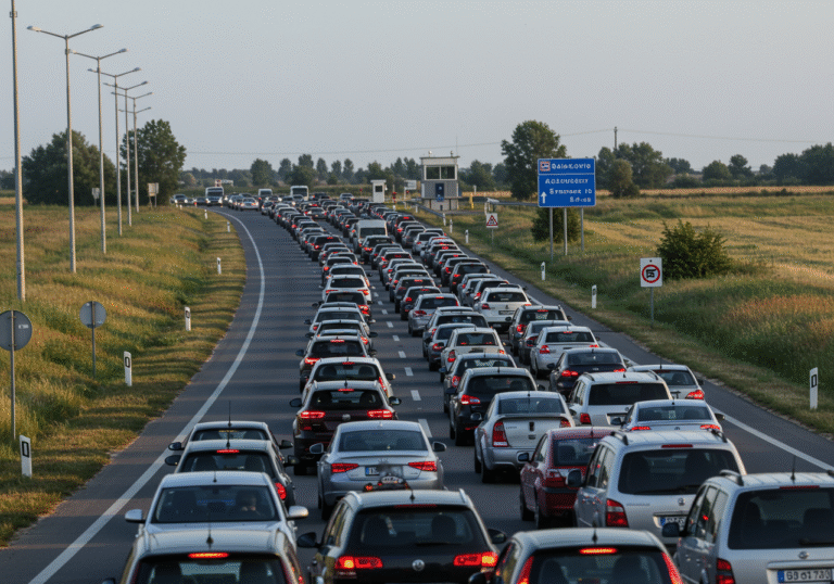 A long line of passenger vehicles, cars, SUVs, and vans, stretching back for hundreds of meters on the approach road to the Bajakovo border crossing, seen from a slight elevation. The vehicles are stationary or moving very slowly, their brake lights faintly visible in the early morning light of an August day. The scene depicts vehicles waiting to enter Croatia from Serbia. A Croatian border patrol booth or official border sign is visible in the distance. The surrounding landscape is flat and open, typical of the Srem region on the Croatian-Serbian border. The sky is a clear or lightly clouded blue, reflecting the early morning. The overall atmosphere conveys a sense of prolonged waiting and congestion.