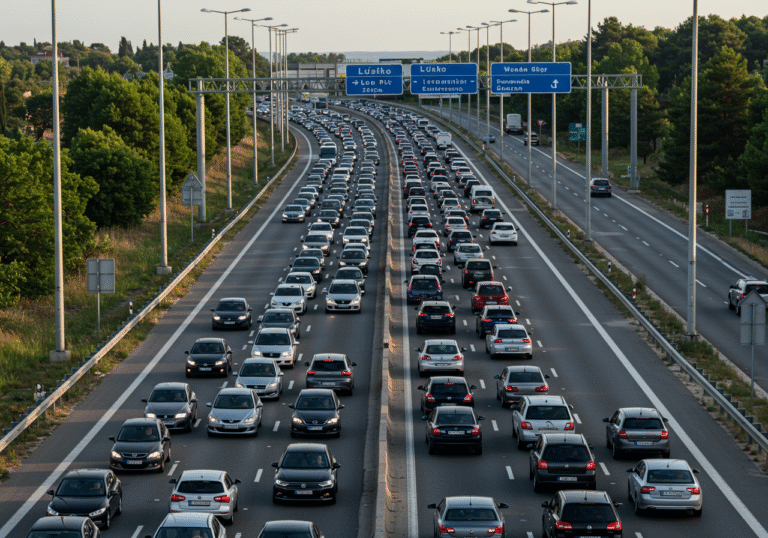 Early morning summer sun shines on a vast, multi-lane Croatian highway, bumper-to-bumper with stationary and slow-moving cars, SUVs, and trucks. The scene captures a massive traffic queue stretching into the distance as vehicles approach the Lučko toll station on the A1 motorway, heading towards the sea. Drivers and passengers are visible through windows, enduring the heavy congestion typical of a peak tourist weekend. The clear sky above highlights the busy travel conditions on the main Croatian route.