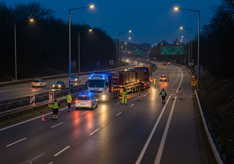 Early morning on the A3 highway near the Zagreb Zapad (Jankomir) interchange in Croatia. The scene is dark, lit by highway streetlights and vehicle headlights, with a few sparse vehicles on the road. An extraordinary transport convoy, featuring a large, wide load, is slowly maneuvering off the main A3 route, preparing to transition onto the A2 highway. Croatian traffic police vehicles with their amber and blue lights flashing are positioned strategically, and Croatian highway workers in high-visibility vests are overseeing the operation, directing the limited traffic flow. Traffic cones and temporary road signs are visible, indicating a controlled environment for the special transport.