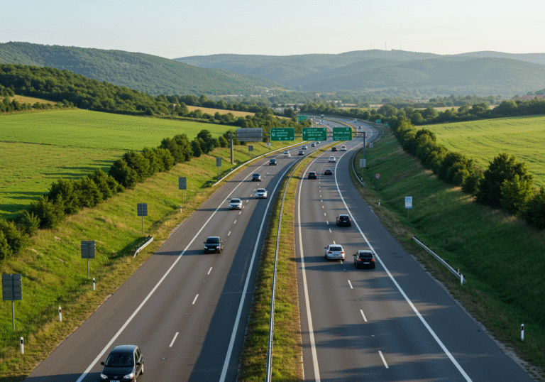 A wide, editorial-style shot of the A1 highway in Croatia on a sunny August morning. The asphalt is dry and clear, with multiple cars and trucks traveling in both directions. The scene is specifically set on the section between the Bosiljevo 2 interchange, past Ogulin, and approaching the Mala Kapela tunnel, showcasing the green, rolling hills and typical inland Croatian landscape under a bright, cloudless sky. Early morning sunlight illuminates the scene, highlighting the well-maintained road and the surrounding nature.