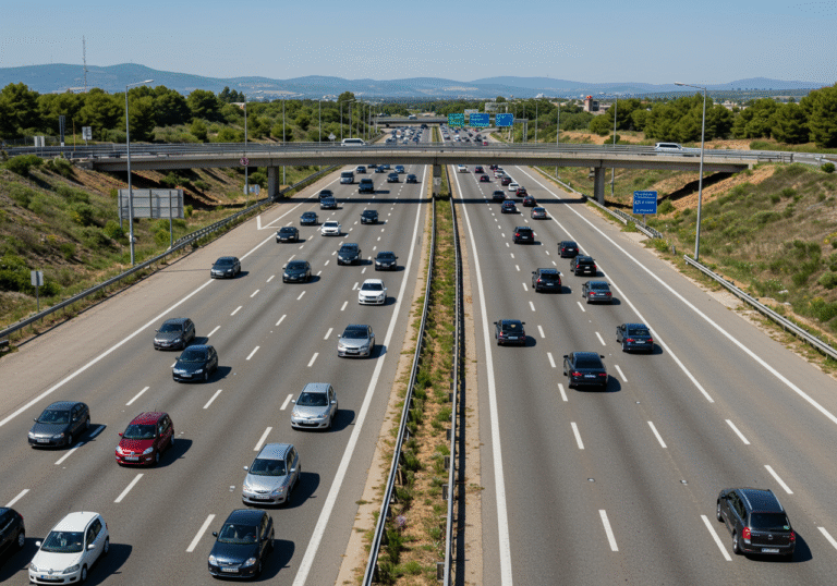 A realistic, editorial style photograph capturing dense vehicle traffic on a modern Croatian multi-lane highway, known as an Autocesta, under bright summer daylight. Numerous cars, SUVs, and some light trucks are visible in long, steady streams across multiple lanes, reflecting the high volume of travelers during an extended holiday weekend and the peak tourism season. The surrounding landscape features typical Croatian roadside vegetation and distant hills under a clear blue sky.