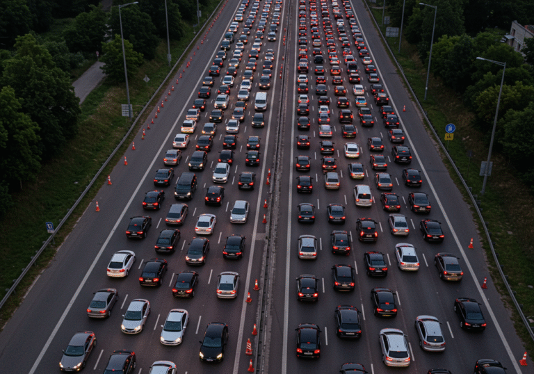 An aerial view of the A1 Croatian highway near the Bosiljevo 2 interchange on the evening of August 17, 2025, showing severe traffic congestion towards Zagreb. Hundreds of cars are bumper-to-bumper, forming a dense, stationary queue that stretches for several kilometers. Red tail lights glow brightly in the fading light, reflecting on the asphalt. Orange traffic cones and temporary signage indicate a lane closure, forcing vehicles to merge due to ongoing road maintenance or a recent traffic incident. The scene captures the typical summer gridlock on a major Croatian highway.