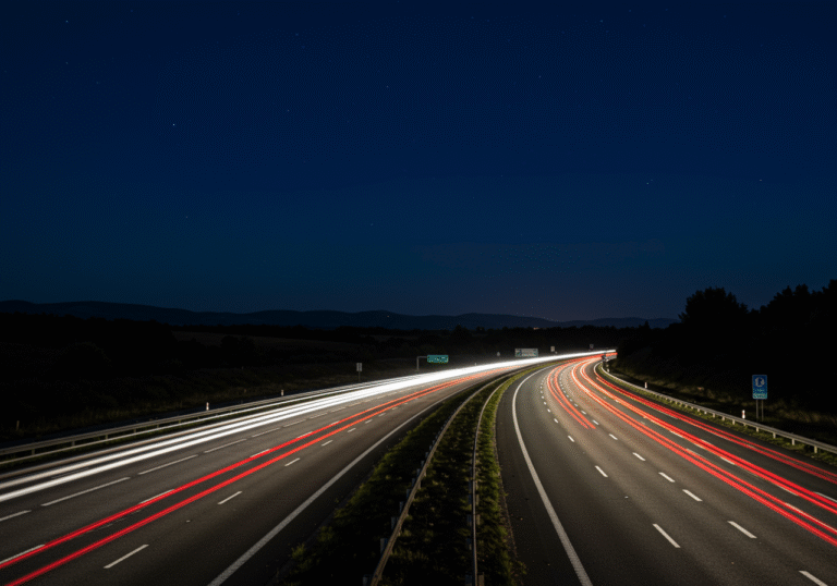 A clear night view of the A1 highway in Croatia, between Otočac and Gospić, on a dry August evening. The multi-lane asphalt road is smooth and dark. Vehicle headlights and taillights create bright streaks of light as cars and a truck travel smoothly along the highway. The sky above is completely clear and dark blue, with visible stars. Distant hills or mountains are faintly silhouetted against the horizon. The scene conveys calm, excellent visibility, and optimal driving conditions.