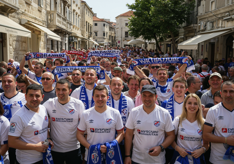 A vibrant, sun-drenched street scene in Split, Croatia, filled with passionate HNK Hajduk football club fans. People of all ages are prominently wearing the official white and blue HNK Hajduk jerseys from recent seasons, showcasing the club's record merchandise sales. Many fans are smiling, some holding HNK Hajduk scarves or small flags, their faces reflecting pride and strong dedication to their beloved club. The bustling background features typical Split urban architecture, capturing the authentic local atmosphere and the overwhelming support for Hajduk.