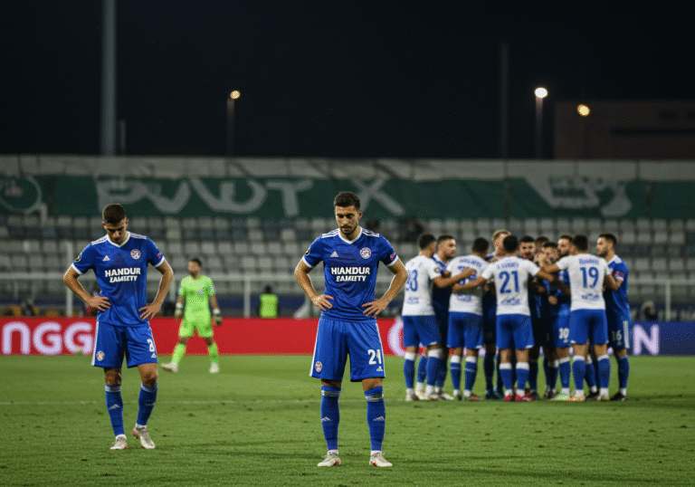Dejected players of HNK Hajduk Split, dressed in their club kits, stand on the illuminated football pitch of Arena Kombëtare stadium in Tirana, Albania, under the bright floodlights on a Thursday evening, August 14, 2025. In the background, jubilant players from Dinamo City (Dinamo Tirana) celebrate their victory, embracing each other near the center circle as the stadium stands are visible under the night sky.