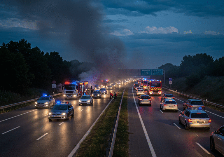 A busy, congested scene on the A3 highway in Croatia near the Županja interchange, late on the evening of August 15, 2025. Thick smoke billows from a vehicle fire on the highway shoulder, partially obscuring the view. Emergency vehicles, including Croatian police cars and fire trucks with flashing blue and red lights, are attending to the incident. A long line of cars with illuminated headlights and taillights moves slowly past the scene, demonstrating significant traffic congestion under a dark, cloudy sky.