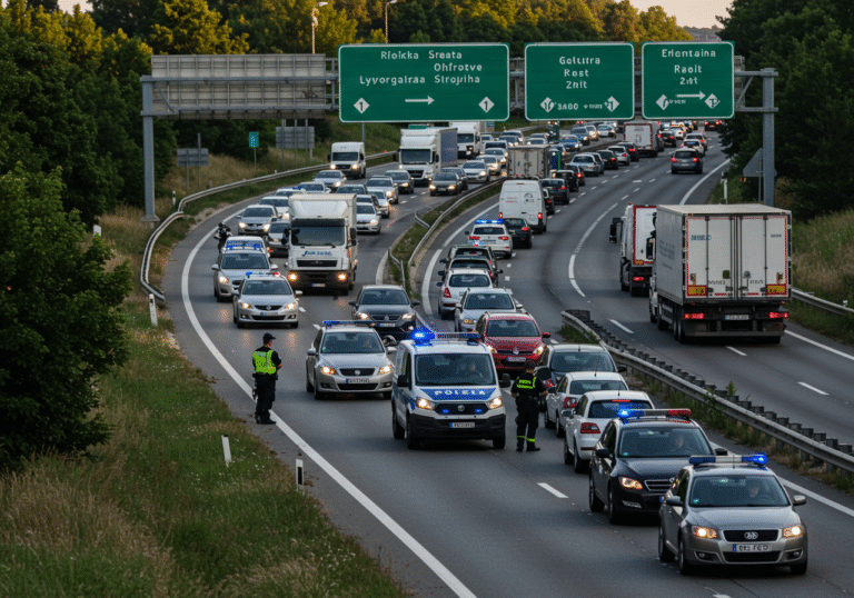 A late afternoon scene on a congested section of Autocesta A1 in Croatia, near the Ogulin and Brinje interchange, following a traffic accident. Croatian police vehicles with flashing blue lights are present, partially blocking two lanes as officers in their uniforms direct slow-moving traffic around the incident area. Cars, trucks, and some motorcycles are backed up for a significant distance, bathed in the warm, setting August sun, illustrating the severe congestion and road difficulties reported by HAK.