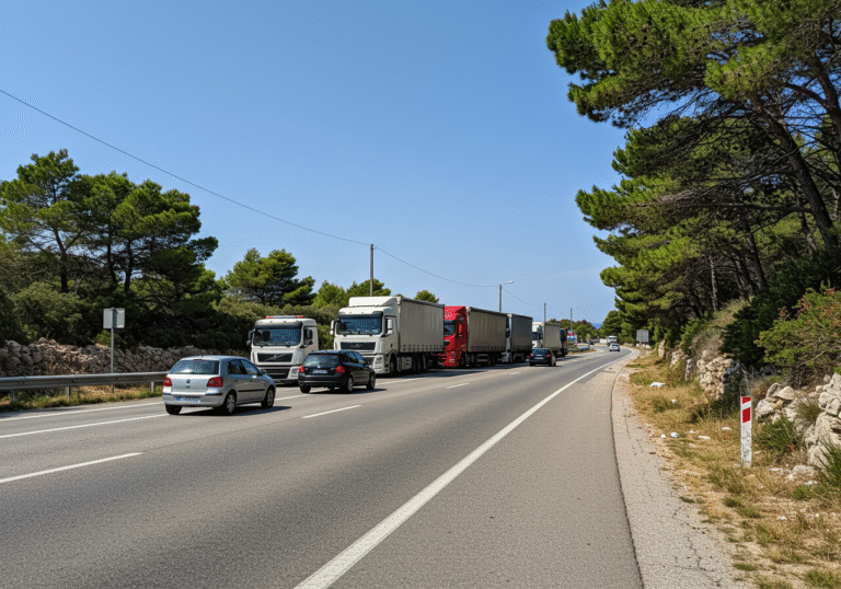A sunny Tuesday afternoon, August 5th, in a coastal region of Croatia. Several heavy goods vehicles, each over 7.5 tons, are pulled over and parked in a designated lay-by or wide shoulder off a main road. In the foreground, passenger cars are seen moving freely and without congestion on the primary route. The sky is clear blue, typical of a summer holiday, and the surrounding landscape features Mediterranean flora.