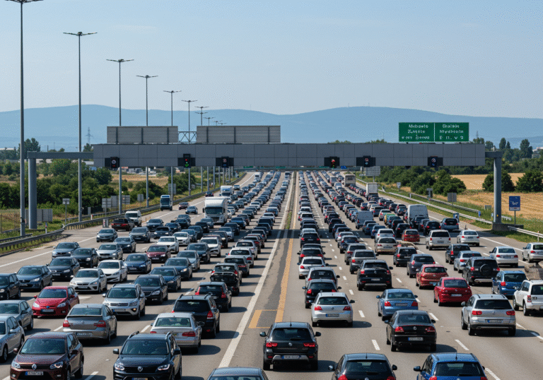 A wide, eye-level shot of multiple lanes of passenger vehicles queuing at the Lučko tollbooths on the A1 highway near Zagreb, Croatia, during a bright, clear August afternoon. Cars and SUVs, packed tightly, are slowly inching forward, their brake lights faintly visible. The road is dry under a cloudless blue sky. In the background, the subtle rolling green hills of the Croatian countryside are visible. The scene captures the high traffic density typical for summer travel on August 7, 2025, during peak hours, conveying an atmosphere of a busy but orderly highway.