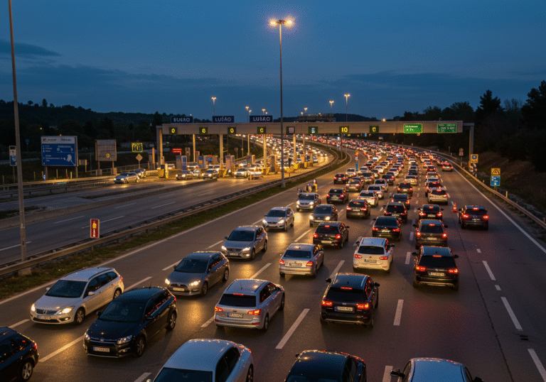 Late evening, a wide, elevated view of the Lučko toll station on a Croatian motorway. An extensive, approximately 2-kilometer long queue of cars, all with visible Croatian license plates, stretches from the toll booths. Headlights and taillights illuminate the continuous line of vehicles, which are moving very slowly or are completely stopped. The sky is a deep twilight blue, with the ambient lights from the toll station structure casting a warm glow over the scene, conveying the significant congestion of holiday traffic.