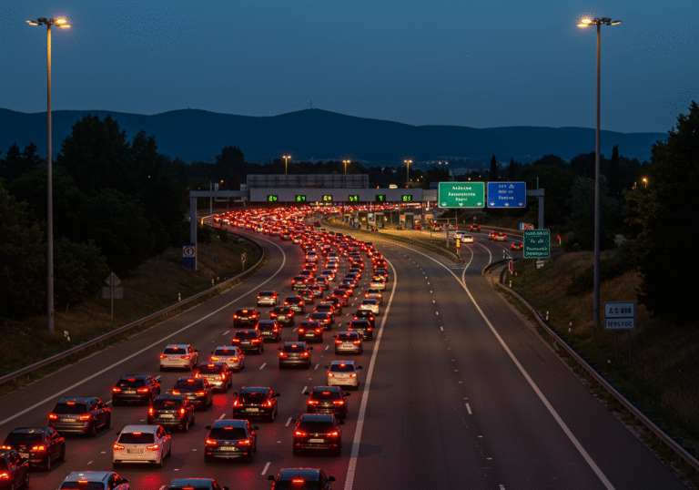 A long line of red brake lights stretching into the distance on the A1 motorway approaching the Lučko toll station in Croatia, on the late evening of Thursday, August 14, 2025. Cars are bumper-to-bumper in multiple lanes, moving slowly or stopped, indicating the beginning of significant traffic congestion towards the coast for the extended weekend. The distinctive toll booth structure with its illuminated canopy is visible further down the road. Overhead highway signs are clearly lit. The surrounding landscape shows the typical Croatian roadside environment with some sparse trees and dark, distant hills under a clear night sky. The air is still, conveying generally clear road conditions as reported for this section of A1 earlier in the evening.