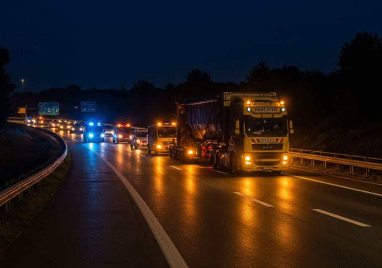 A wide, editorial shot of a Croatian multi-lane highway at night, capturing the temporary halt of traffic for an extraordinary transport. An exceptionally wide, heavy-haul vehicle, carrying a large load and measuring 6.20 meters in width, moves slowly down the highway lane. It is flanked by official Croatian escort vehicles displaying bright, flashing amber warning lights. In the background, a line of civilian vehicles is temporarily stopped, their red taillights glowing on the dark asphalt. A Croatian police vehicle with its blue emergency lights flashing is visible, overseeing the scene near a highway junction. The road surface reflects the vehicle lights under a clear, dark summer night sky, with typical Croatian highway signage and barriers visible.