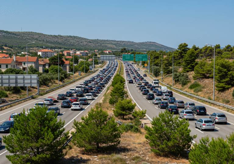 A long line of cars bumper-to-bumper on the Jadranska magistrala (DC8) in Croatia, specifically on the section between Trogir and Split, near the Plano intersection, during a bright summer day in August. The traffic is heavily congested and moving extremely slowly, creating a significant queue of vehicles stretching into the distance. The scene captures the impact of traffic incidents on August 19, 2025, with the sunny Mediterranean landscape typical of the Croatian coast visible under clear blue skies.