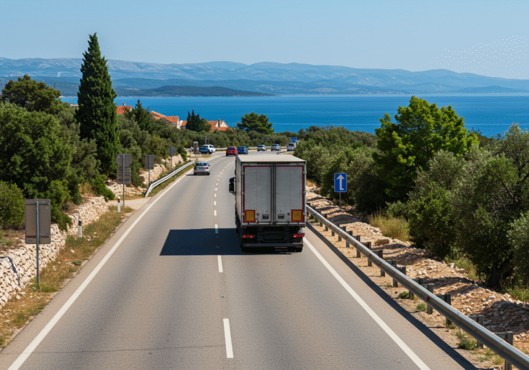 A large, heavy goods truck, weighing over 7.5 tons, drives on a busy two-lane state road along the Croatian coast on a bright, clear summer afternoon. The road is populated with numerous passenger cars and tourist vehicles, indicating peak travel season. Typical Mediterranean flora, including cypress trees and olive groves, line the roadside, with standard Croatian road signs visible. In the background, the shimmering blue Adriatic Sea meets distant coastal hills, completing the scenic Croatian landscape. The sunlight is strong, casting clear shadows, and the overall atmosphere is warm and vibrant.