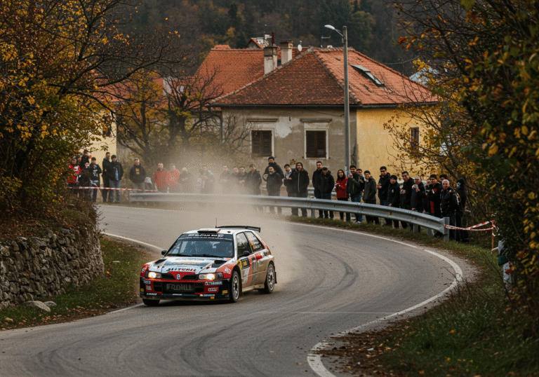 A rally car navigates a winding road on the outskirts of Zagreb, Croatia, during the Croatia Rally in early October. The vehicle is in motion, kicking up a subtle trail of dust or gravel. Spectators line the roadside, some casually observing, while traditional Croatian architecture and early autumn foliage are visible in the background under crisp, natural daylight. The atmosphere is that of a professional motorsport event.