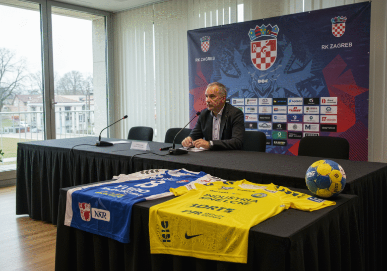 A modern, well-lit press conference room in Zagreb, Croatia. At a long table draped with a dark cloth, a Croatian handball club official, a man in his late 50s, stands behind a podium with microphones. Behind him, a large backdrop prominently features the logo of RK Zagreb. On the table, to the side of the podium, are two distinct handball jerseys: one in the white, blue, and red colors of RK Zagreb, and another in the vibrant yellow and black of Polish club Industria Kielce. The jerseys are neatly folded beside a professional handball. The scene is illuminated by natural, bright daylight entering from large windows, conveying the significance of recent, almost simultaneous, high-profile player transfers in European handball involving these two prominent clubs.