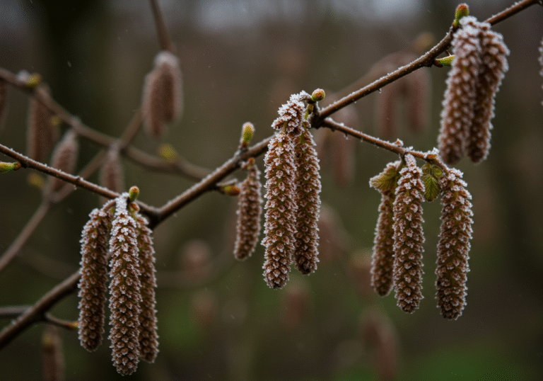 An editorial photograph depicting a close-up view of severely frost-damaged hazelnut blossoms and young shoots in an orchard, located in the Black Sea coast region of Turkey. The delicate plant parts show clear signs of blight and browning due to the unusually cold weather and severe frost that occurred in April. The lighting is natural and diffused, reflecting a somber, grey atmosphere, emphasizing the significant agricultural loss that impacts global hazelnut supply.