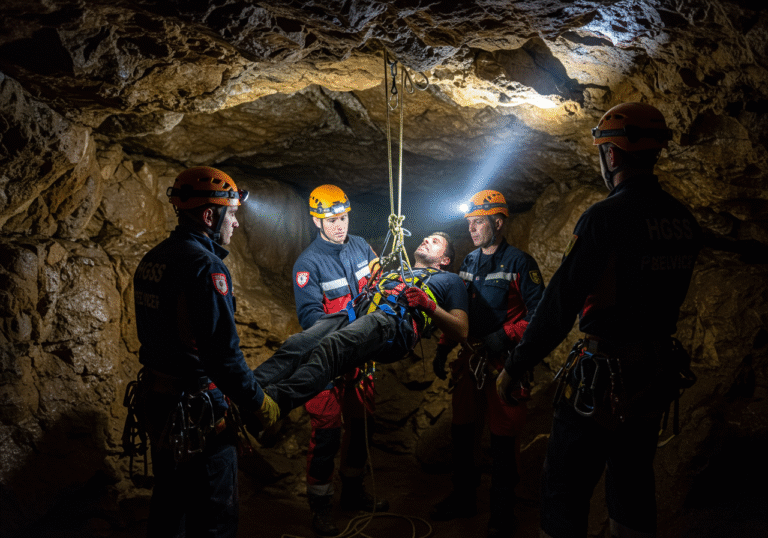 Inside the dim, rocky Romana Cave near Vinkuran, Istra, Croatia, in the late evening. Members of the Croatian Mountain Rescue Service (HGSS) Istra Station, wearing their professional uniforms and helmets with headlamps, carefully lower a male Polish tourist using ropes and a specialized rescue harness. The cave walls are rugged and damp. Beams of light from headlamps illuminate the scene, casting shadows. The HGSS members have focused, serious expressions as they manage the ropes. The tourist appears a bit dazed but safe, suspended as he is being lowered. Caving gear, ropes, and carabiners are visible. The overall scene conveys a professional and successful rescue operation in a challenging underground environment.