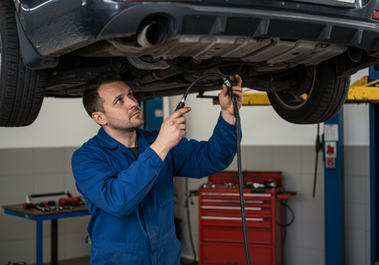 A professional Croatian mechanic in a clean blue uniform carefully inspects the connection point of a fuel hose underneath an Opel Astra L, which is elevated on a hydraulic car lift, inside a modern, well-lit authorized car service garage in Croatia. His face shows a concentrated expression as he examines the part, with tools neatly arranged on a nearby workbench in the background, conveying a sense of precision and urgency for a vehicle inspection.