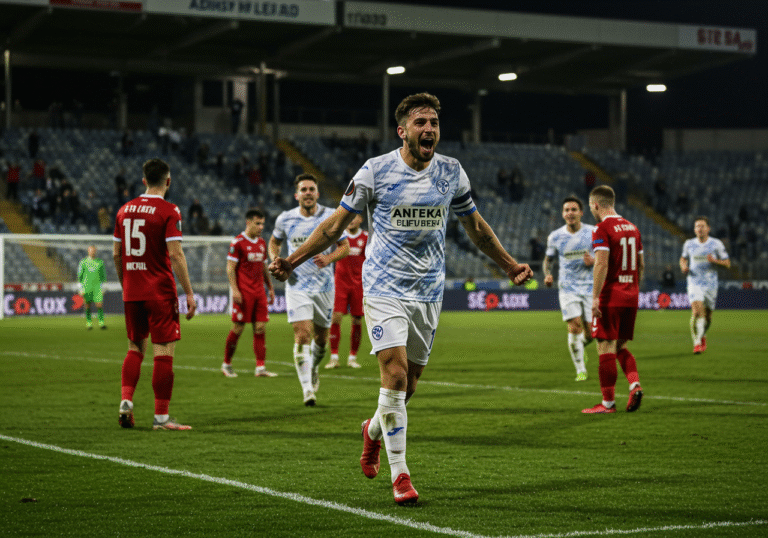 Ante Oreč, a football player in a white and blue HNK Rijeka jersey, jubilantly celebrates scoring a dramatic 90th-minute winning goal during a floodlit UEFA Europa League qualifying match at night. He is on the pitch in a football stadium in Dublin, Ireland, surrounded by his celebrating teammates, some embracing him. Opposing Shelbourne players in red jerseys appear disheartened in the background. The vibrant stadium lights illuminate the players and a section of the passionate crowd in the stands, capturing the intense, decisive atmosphere of a European football knockout game.