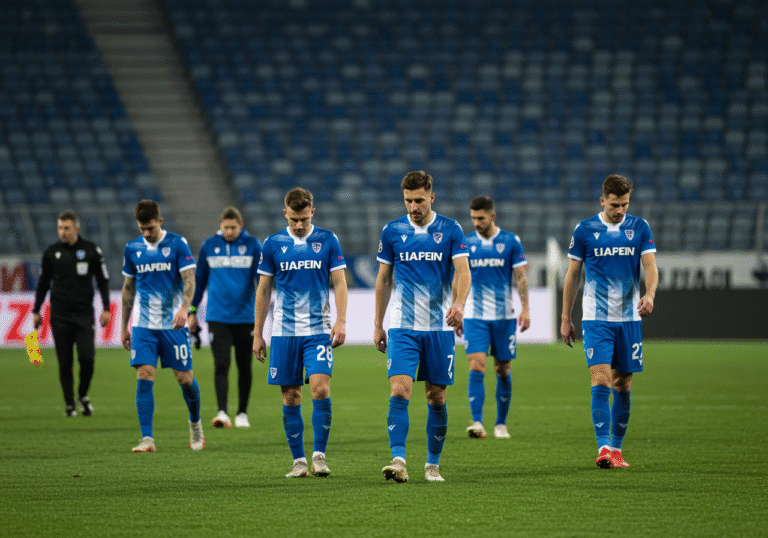 A group of HNK Rijeka football players, visibly dejected and exhausted, slowly walk off the pitch at Ludogorets Arena in Razgrad, Bulgaria. It is late evening, and the stadium floodlights illuminate the scene. They are in their club kits, some looking down at the ground, reflecting their 3-1 defeat to Ludogorets and their elimination from the UEFA Champions League. The stands are emptying in the background.