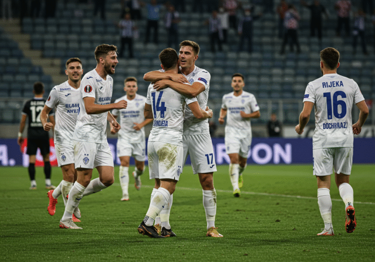 HNK Rijeka football players in white kits celebrating jubilantly after scoring a crucial goal in dramatic stoppage time during the second half of their SuperSport HNL match against Slaven Belupo. The scene is set on the pitch of Stadion Rujevica in Rijeka, Croatia, under bright stadium floodlights at dusk in early August 2025. Players are embracing, their faces showing intense relief and exhilaration, with some teammates running to join the celebration. A section of the home crowd is visible in the blurred background, cheering passionately.